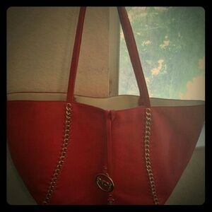 BCBG Red Tote Bag with Gold Chain Accents